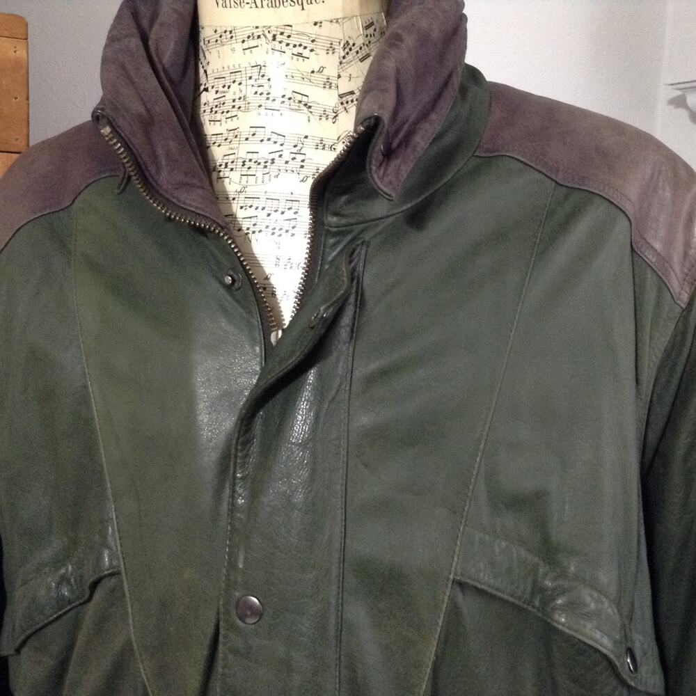 Vtg IOU Coat Mens XL Green Brown Leather Full Zip Drawstring Waist Snap Collar